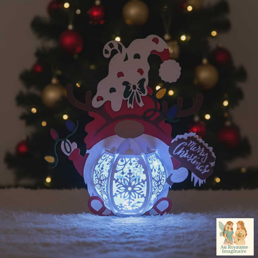 Gnome Renne de Noël Lumineux "Merry Christmas" 3D